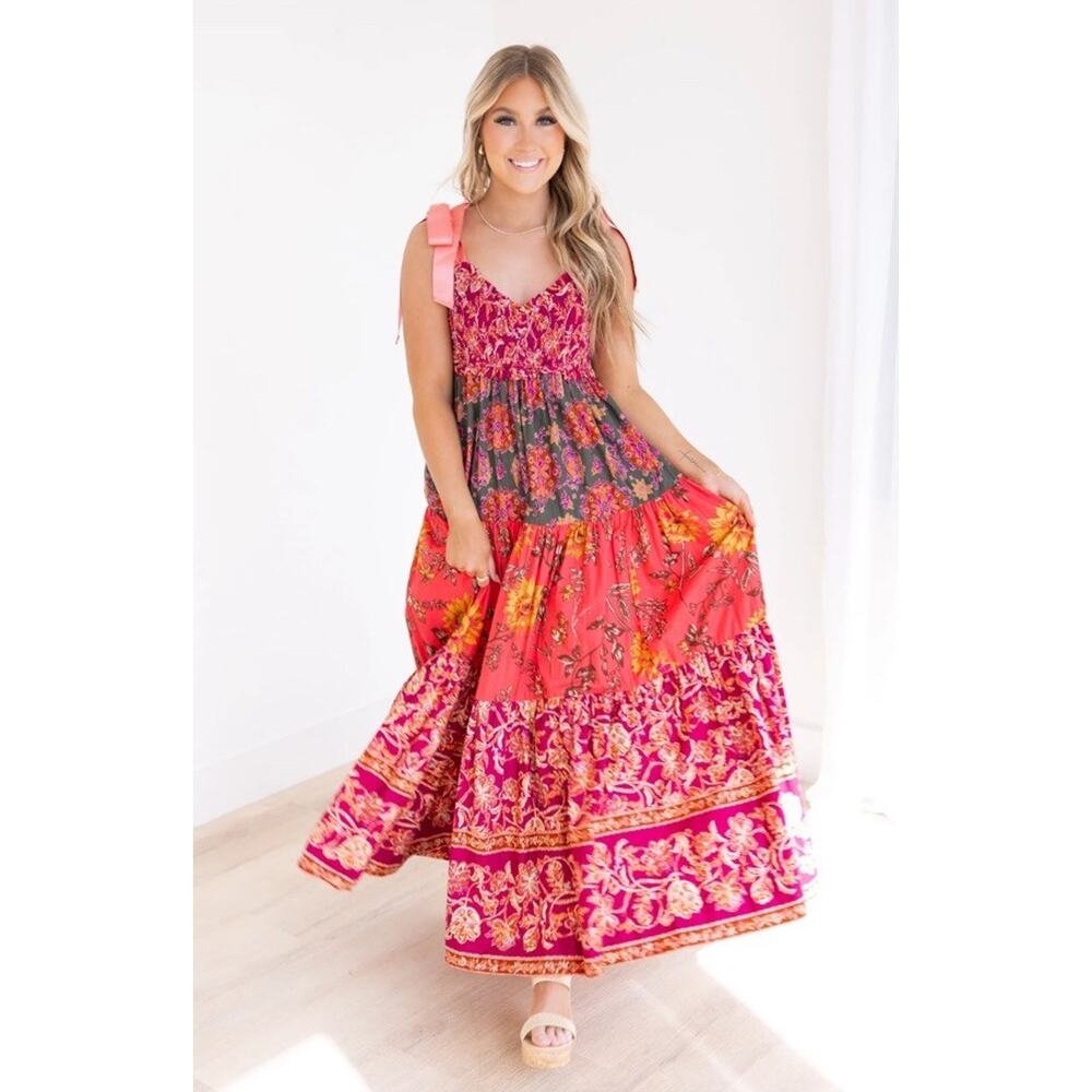 Free People Bluebell Maxi Dress L Floral Smocked Tiered Cotton Boho - Picture 2 of 10